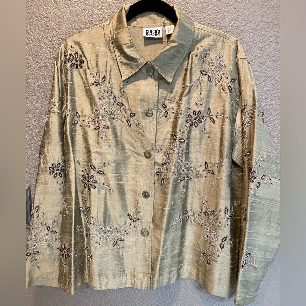 Chicos, gold color, lightweight dress jacket with brown beading/beige stitching